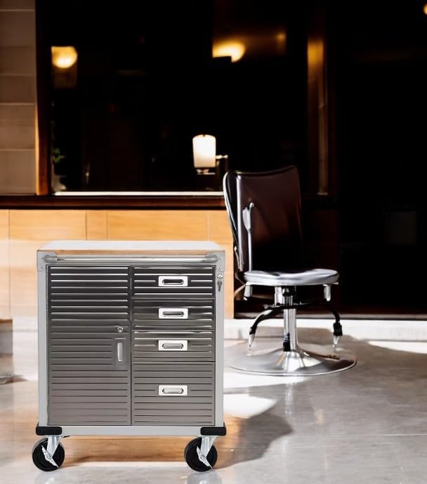 Heavy Duty Rolling Storage Cabinet with Wheels and Drawers, Workstation for Garage, Office, Workshop, 1 Door, 4 Drawer (28" W x 25" D x 34.5" H), Granite