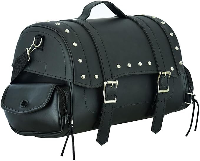 Motorcycle Saddle Bag, Waterproof Leather with Side Pockets Rear Seat Bag Gear Storage Luggage for Touring Motorbike (SB-286 Black)