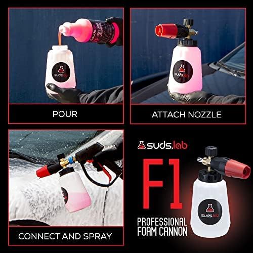 Suds Lab F1 Professional Foam Cannon with 32 Ounce Canister, Adjustable Foam Nozzle, Quick Connect Pressure Washer, Clean Dirt, Car Washing