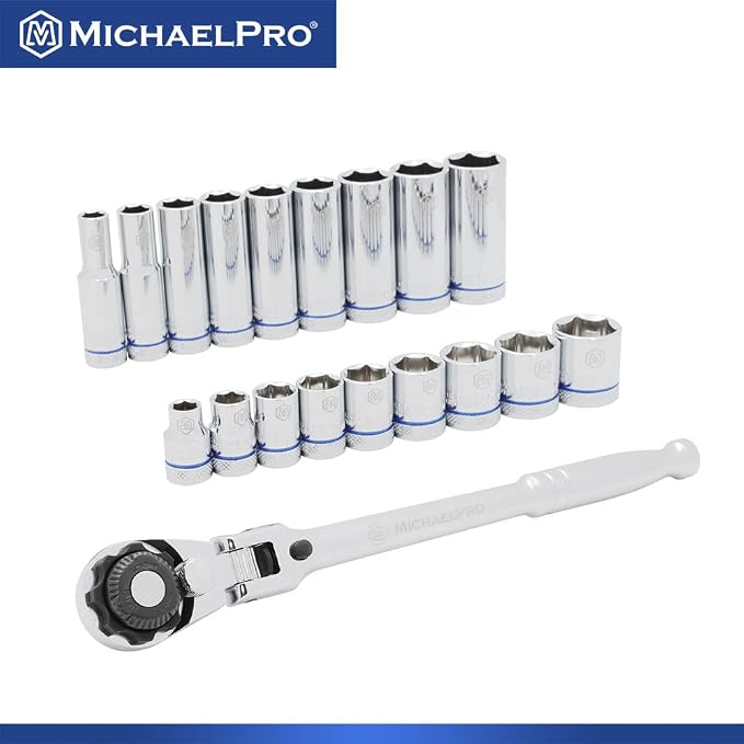 MichaelPro MP001228 19-Piece 3/8-Inch Drive Flex Head Ratchet and Socket Set, Reversible with Quick Release, No Popular Sizes Skipped