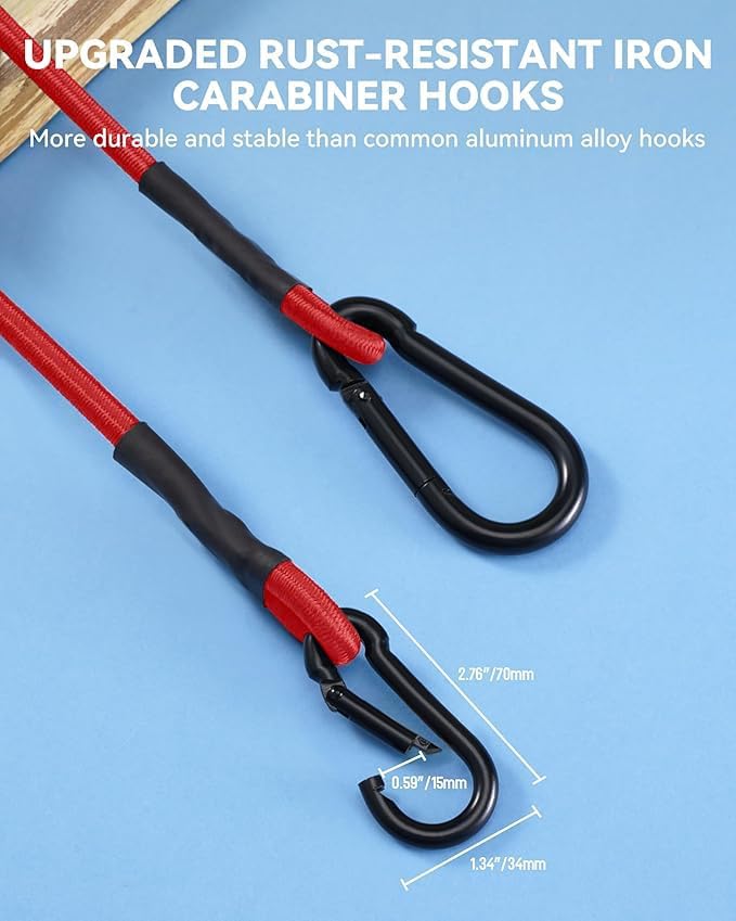 8 Pack 18 Inch Heavy Duty Bungee Cords with Carabiner Hooks, 190 lbs Max Strength Bungee Straps for Cargo, Bike, Cart, Roof Rack, Truck, Tent, Camping, Motorcycle, Outdoor Storage and More, Red