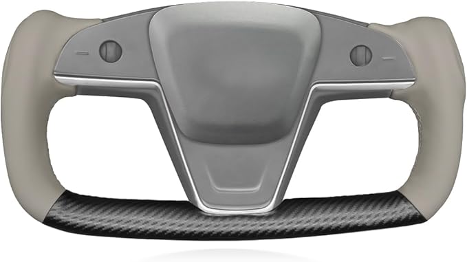 MEWANT DIY Grey Genuine Leather Black Matte PU Carbon Fiber Steering Wheel Wrap for Tesla Model S Plaid Yoke Model X