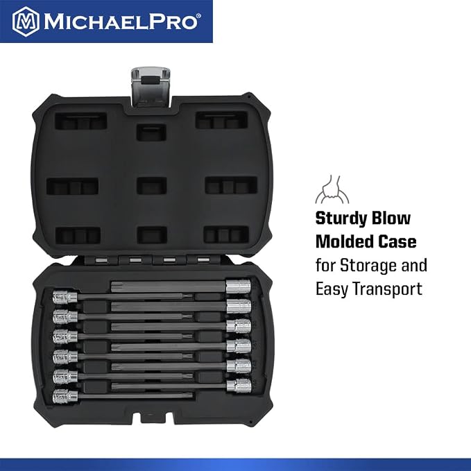 MichaelPro 12-Piece 3/8'' Drive Long Torx Bit Socket Set, T10 to T60, 6-Inch Length for Easy Reach in Deep Areas, High Torque Resistant CR-V and S2 Steel, Sturdy Storage Case Included - MP012019