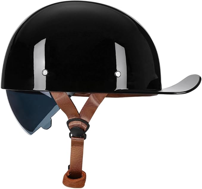 Vintage Retro Open Face Motorcycle Helmet Baseball Cap Half Helmets with pull-down Lens for Men Women Moped Cap Jet Scooter Street Cruiser - DOT Certified (Gloss Black,XX-Large)