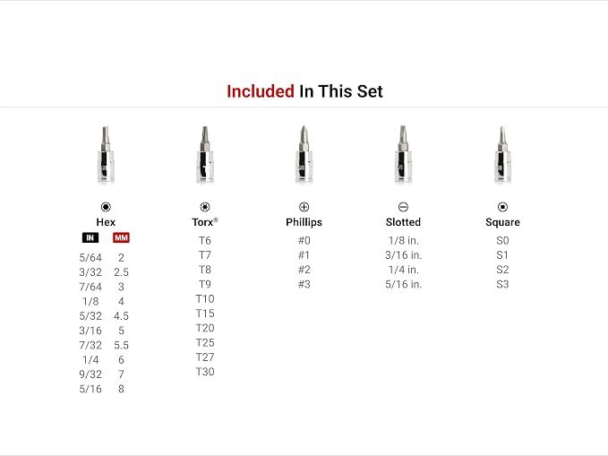 TEKTON 1/4 Inch Drive Hex, Torx, Phillips, Slotted, Square Bit Socket Set with Case (42-Piece) | SHB90301