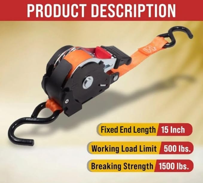 Mytee Products 8 Pack Orange Auto Retract NO-RATCHETING Ratchet Straps | 1" x 12' Retractable Ratchet Straps with Zinc Coated S Hook Tiedowns for Motorcycles, ATVs, Bikes, Trailer Tie-Down