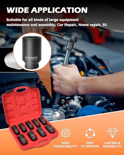 DAYUAN 9 Pcs Axle Nut Hub Impact 1/2" Drive Socket Bundle with Ball Joint Press & U Joint Removal Tool