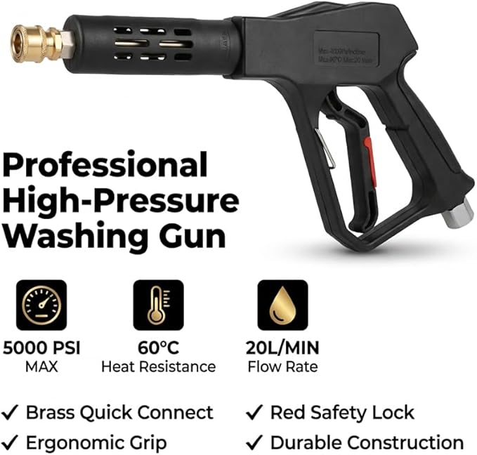 Swivel Pressure Washer Gun,Sturdy 5000PSI Short Power Washer Wand Carwash Spray Foam Gun Handle with 3/8 Plug & M22-14mm & M22-15mm and 1/4 Adapter 5 nozzles