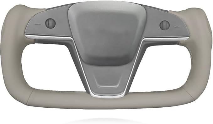 MEWANT Hand Stitch Grey Genuine Leather Steering Wheel Cover for Tesla Model S Plaid Yoke 2021-2023 Model X 2021-2023
