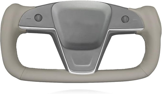MEWANT Hand Stitch Grey Genuine Leather Steering Wheel Cover for Tesla Model S Plaid Yoke 2021-2023 Model X 2021-2023