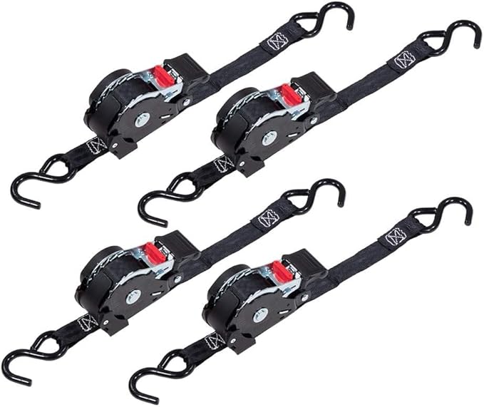 Mytee Products 4 Auto Retract NO-RATCHETING Ratchet Straps | 1" x 12' Retractable Ratchet Straps with Coated S Hook Tiedowns for Motorcycles, ATVs, Bikes: Tight & Secure Pickup Trailer Tie-Down