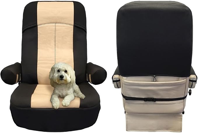 RV Designer GripFit+ Motorhome Seat Covers 1-Pack C893 - Premium 100% PVC Leatherette –Class-A RV - Pet-Friendly, Easy-to-Clean, Durable, Fire Retardant - Side Pockets – Black and Tan