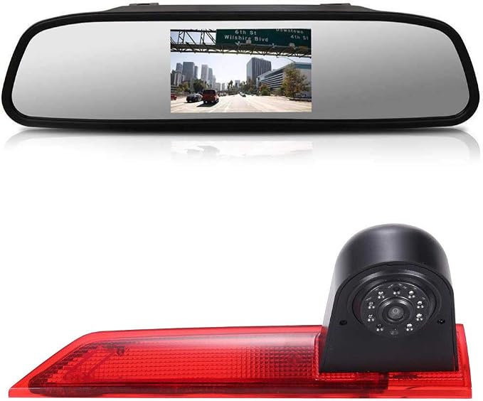 Car Third Roof Top Mount Brake Light 3 Rear View Camera Parking Safety Assistant System, HD Night Vision Waterproof for Ford Transit Custom 2012-2016 (with 4.3-inch Rearview Mirror)