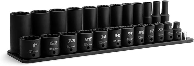 Capri Tools 3/8 in. Drive Shallow and Deep Impact Socket Set, 12-Point, SAE, 5/16 to 1 in., 24-Piece with Black Billet Aluminum Socket Rail