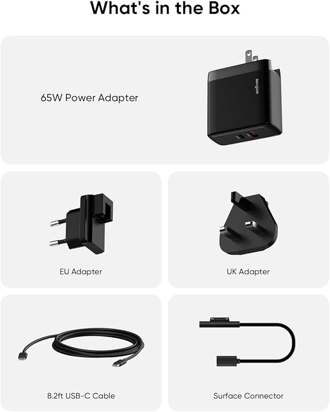 Surface Pro Charger, 65W Microsoft Surface Charger for Pro 3/4/5/6/7/8/9/10/X/11/12 and Compatible with Microsoft Book/Laptop/Tablet, with European/UK Adapter for Travel/Business