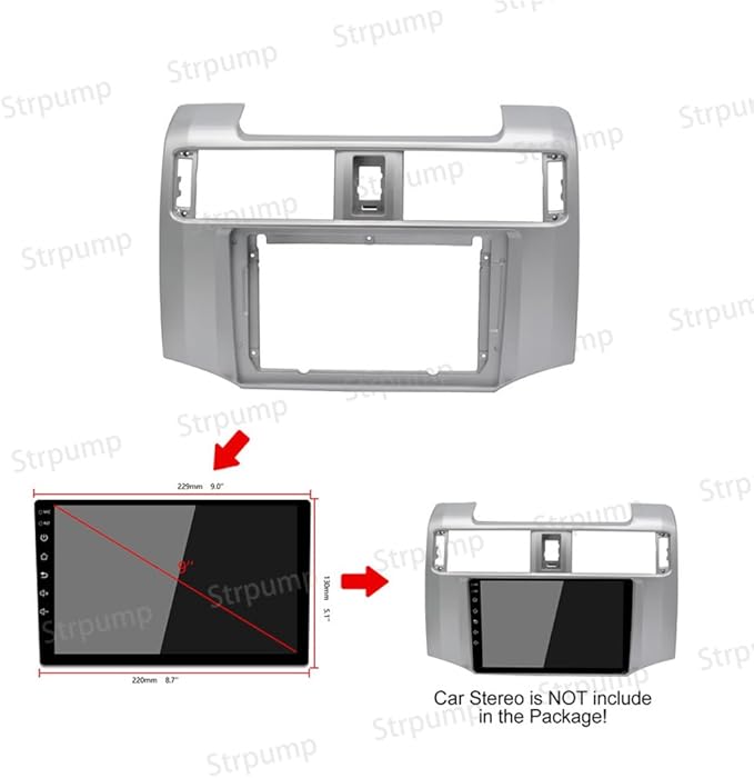 9'' Car Radio Stereo Dash Frame Fascia Bezel Panel Compatible for Toyota 4 Runner 2010 11 12 13 14 15 16 17 18 19 Install Mount Kit Silver