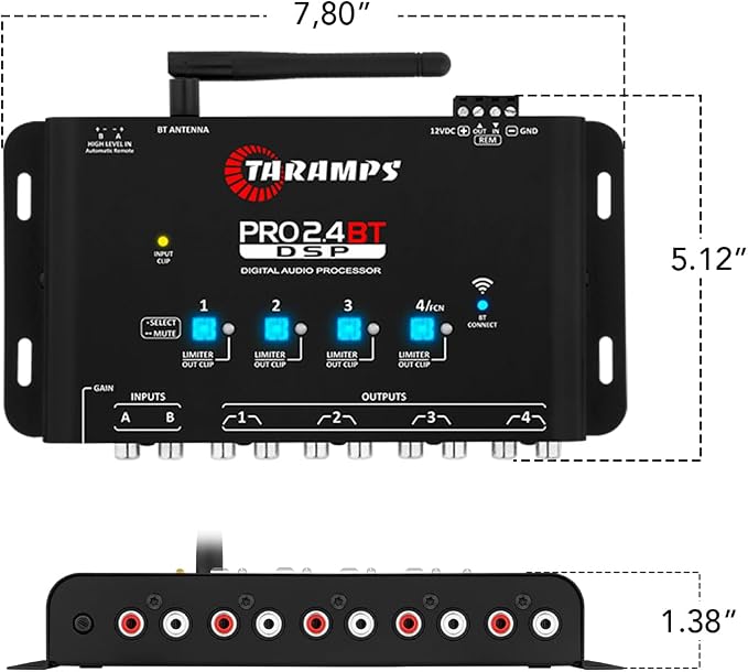 Taramps Pro 2.4 BT Bluetooth DSP Crossover Full, Digital Signal Processor, Car Audio Equalizer with App, Gain up to 9V, 15 Band Graphic Equalization, 12 preset EQ, 2 in and 4 Out, High Level Input