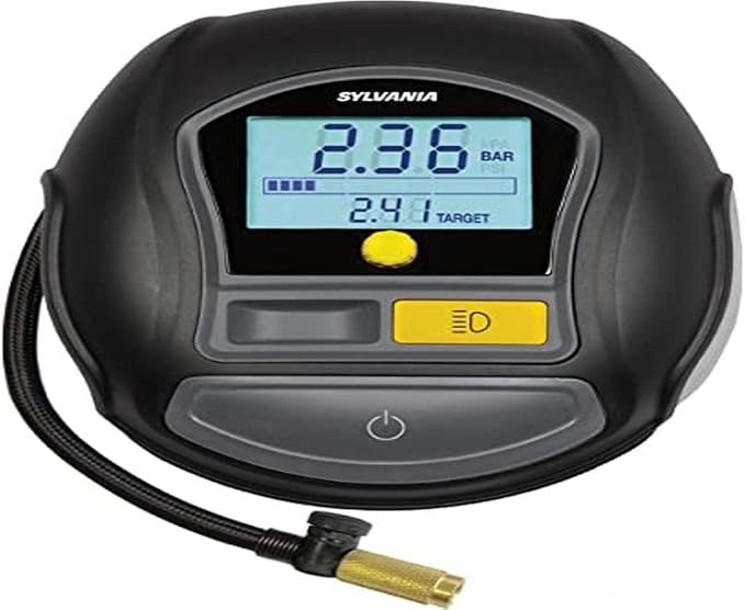 SYLVANIA Rapid Portable Tire Inflator - Fast Portable Air Compressor - For Cars Tires, Bikes & More - Digital Dial on Car Tire Inflator - 3 Piece Adapter Set