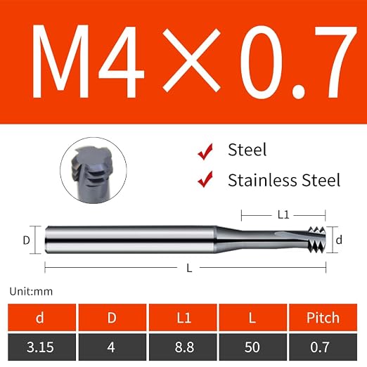 CNC Metric Thread Mill Cutter for Stainless Steel 60 Degrees 5pcs M4×0.7