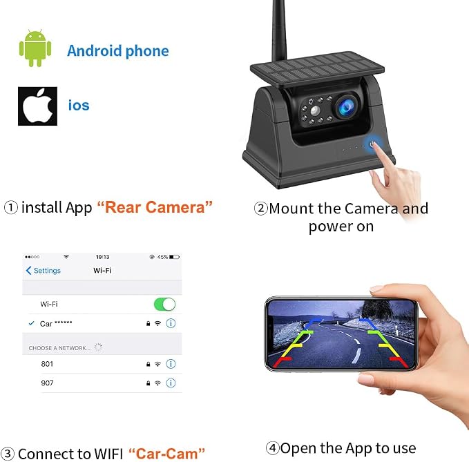 Magnetic Solar Wireless Backup Camera, Rechargeable Reverse Camera for Gooseneck, Horse Trailer, Boat, 5th Wheel, RV, Camper, Compatible with iPhone and Android
