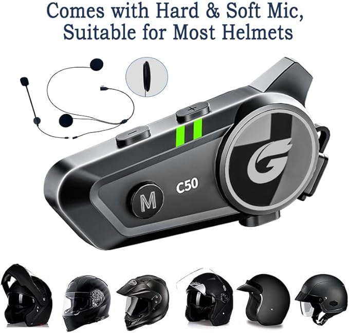Motorcycle Helmet Bluetooth Headset with Stereo Sound, C50 2-Way 1000M Communication System Intercom Speakers with CVC Noise Cancellation, Music Call Control, IP67 Waterproof, 2 Pack