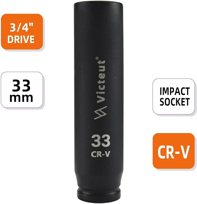 3/4-Inch Drive 33mm Extra Deep Impact Socket，8-Inch (200mm) Long，6-Point Truck&Trailer&Tractor Wheel Nut Socket, Heat Treated Cr-V Alloy Steel, One-Piece Forged, No Torque Loss