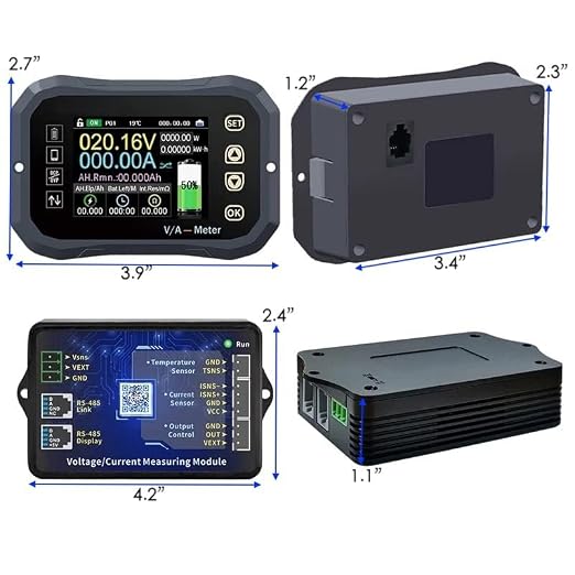 600A Bluetooth Battery Monitor, Wireless Voltage Current Meter with Smart Shunt 0-120V + 2.4'' HD Display, Support APP Control Coulometer for 12V RV Boat Golf Cart Battery (KG-160F)