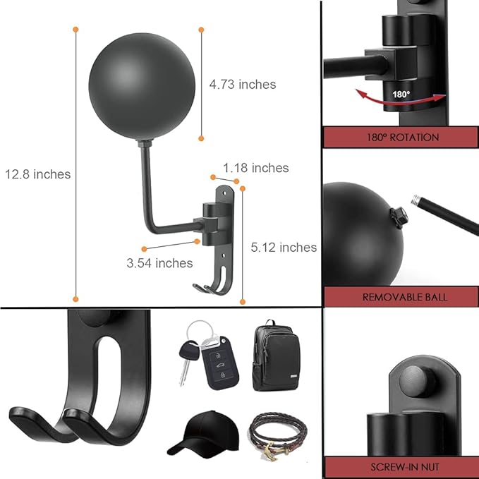 SANGMO Grey 180 Motorcycle Helmet Rack, Rotation Metal Wall Mounted Holder With 2 Hooks for Bike Coats, Caps, Baseballs (2 Pcs)