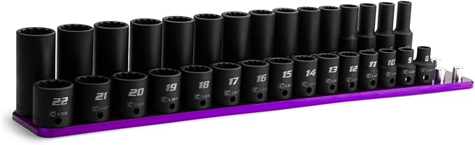 Capri Tools 3/8 in. Drive Shallow and Deep Impact Socket Set, 12-Point, Metric, 8 to 22 mm, 30-Piece with Purple Billet Aluminum Socket Rail