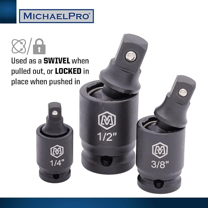 MichaelPro 3-Piece Impact Grade Universal Joint Swivel Socket Adapter Set, 1/4'', 3/8'', 1/2'' Drive, Cr-Mo Alloy Steel, 360-Degree U-Joint Sockets, Access Hard-to-Reach Fasteners - MP005026