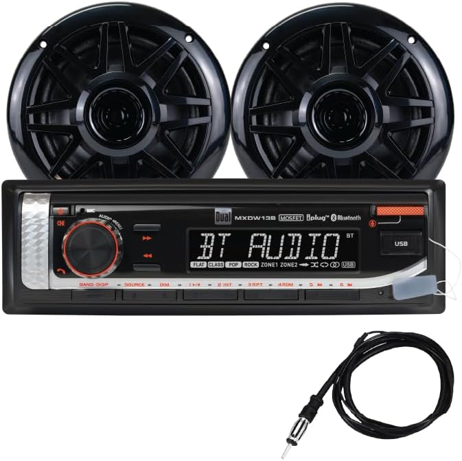 Dual Electronics MXP152B Marine Stereo with (2) 6.5" Marine Speakers & Antenna | AM/FM Boat Radio Digital Media Receiver with Built-in Bluetooth | USB Playback with 2.1A Fast Charging | Black
