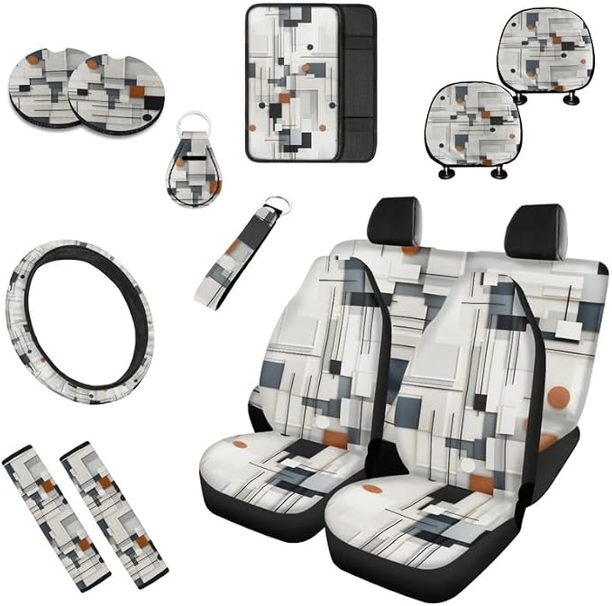 Nordic Geometry Print 13 Piece Car Seat Cover Set for Women Full Set Modern Art Style Geometries Car Seat Protectors Coaster Pads Decor Accessory