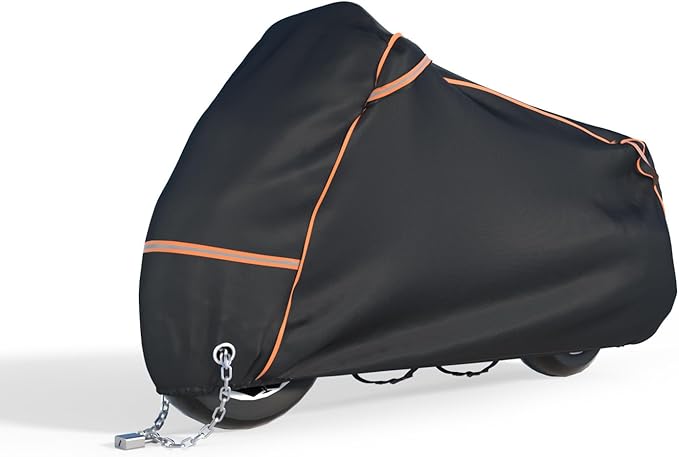 BENVOL 420D Heavy Duty Motorcycle Cover Waterproof Outdoor, 5000mm Rainproof Material Motorbike Cover with 2 Windproof Buckles, Lock Holes & Wide Reflective Strips, Anti-UV Sun Dust Protection