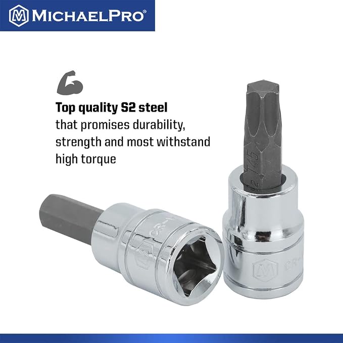 MichaelPro 18-Piece 3/8'' Drive Torx and Hex Bit Socket Set, SAE & Metric (5/32" - 5/16", 4 - 8 mm, T10-T45), High Torque Resistant S2 Steel, Socket Adapter and Storage Case Included - MP012021