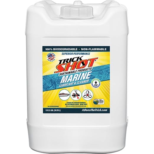 Trick Shot Marine Grade Lubricant & Penetrating Oil - Biodegradable Food Grade Rust Prevention Spray, Anti-Seize, Cleaner & Lubricant for Boat Galleys, Fiberglass, Fishing Gear Lubrication - 5-Gallon