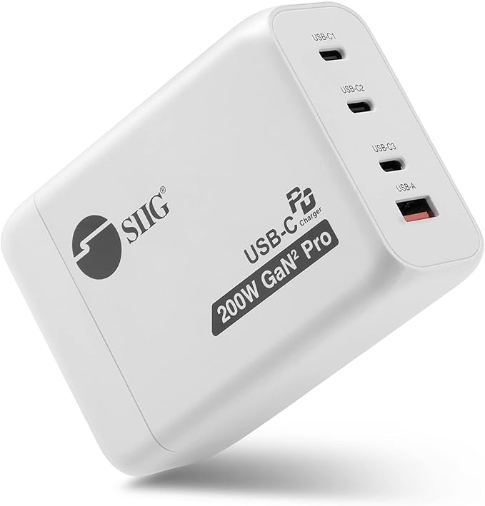 SIIG 200W USB C Charger Block, 4-Port GaN Fast Charging with 100W PD, QC3.0 65W PPS, 3X USB-C 1x USB-A, for MacBook Pro/Air, iPad, iPhone 14 Pro, Galaxy S23, Steam Deck, Pixel (AC-PW1V11-S1)