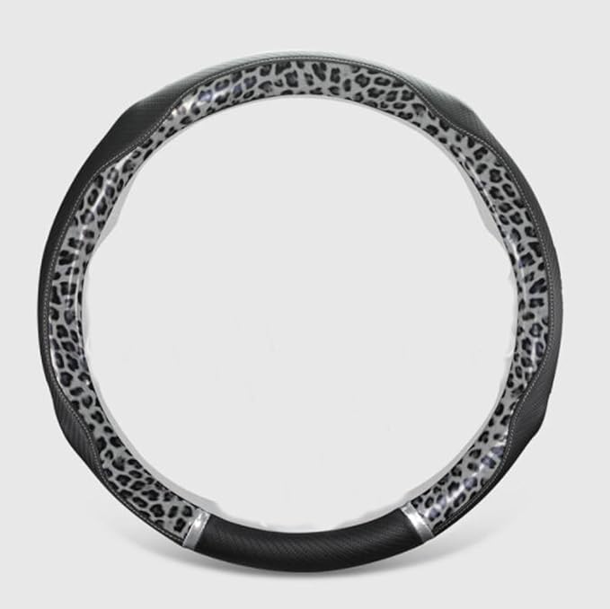 Peach Wood Grain Steering Wheel Cover Anti-Slip Breathable Durable Leather Four Seasons Universal 15 Inch Car Wrap Cover (Leopard-Gray)