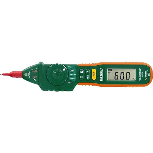 Extech 381676A 9 Function Pen Multimeter + NCV Auto/Manual Ranging Pen Multimeter with Non-Contact Voltage Detector | Auto/manual ranging, AC/DC volts to 600V, current, resistance, diode, data hold, leads, clips