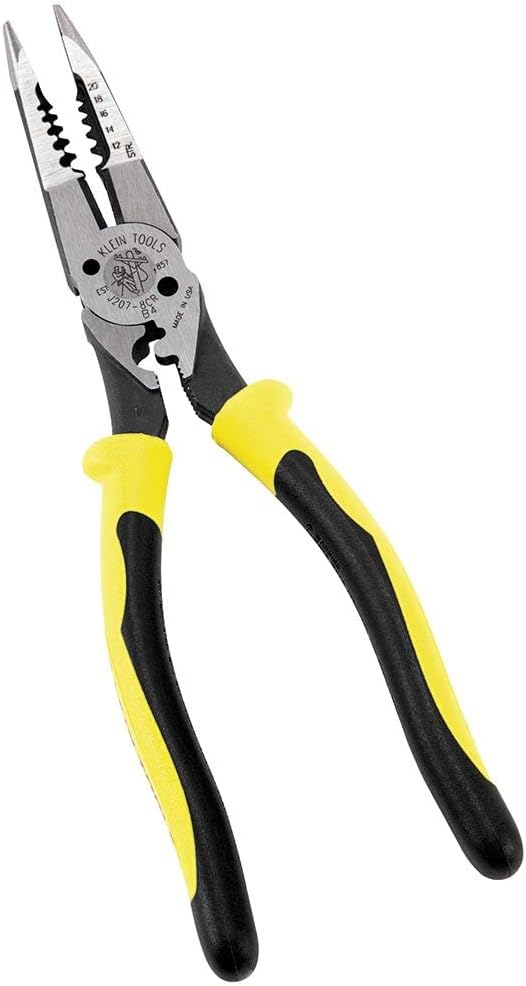 Klein Tools J207-8CR Needle Nose Pliers are All-Purpose Linesman Pliers for Crimping & 32308 Multi-bit Stubby Screwdriver, Impact Rated 8-in-1 Adjustable Magnetic Tool with Phillips