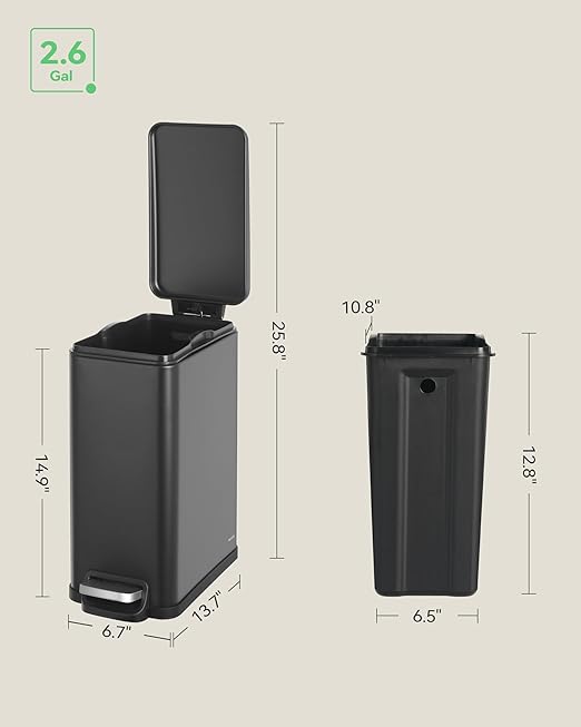 Nunsino Small Bathroom Trash Can with 15 Garbage Bags,2.6 Gallon Stainless Steel Garbage Can with Lid Soft Close,Small Trash Bin for Bathroom,Kitchen,Home Office,Black