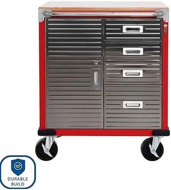 Heavy Duty Rolling Storage Cabinet with Wheels and Drawers, Workstation for Garage, Office, Workshop, 1 Door, 4 Drawer (28" W x 25" D x 34.5" H), Red