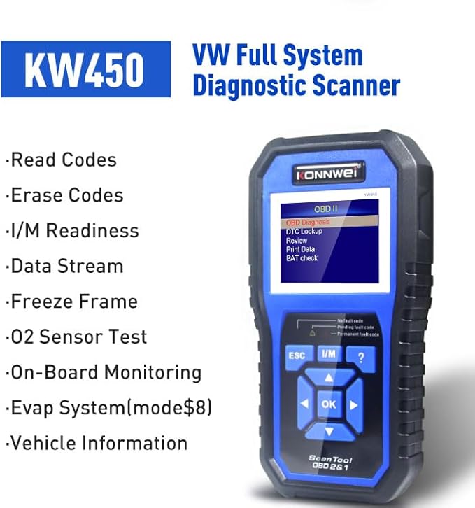 KW450 All System OBD2 Scanner with 9 Special Functions for VAG Vehicles Diagnosis Code Reader Oil SAS EPB TPS Reset Injector Coding DPF Lamp Adjust Suspension Scan Tool (KW450)