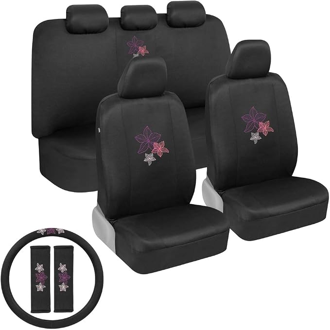 BDK Multicolor Hawaiian Flower Print Car Seat Covers, Full Set with Steering Wheel Cover and Seat Belt Pads, Front and Rear Universal Fit for Car Truck SUV Van, Cute Auto Interior Accessory for Women