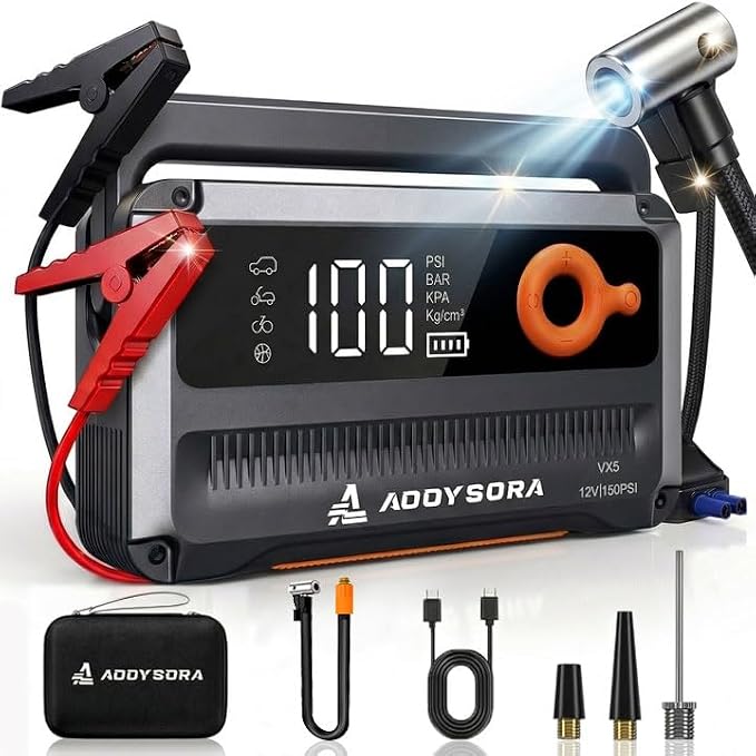 9-in-1 6000A Car Battery Jump Starter with Air Compressor 26800mAh, 150PSI 12V Portable Jump Box with Auto-Shutoff Tire Inflator, 3 Modes Flashlight and Jumper Cables(All Gas/12L Diesel)