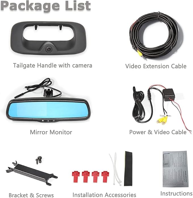 EWAY Tailgate Handle Backup Camera with Rear View Mirror Monitor Kit w/ 20FT RCA Extension Cable for Chevy Silverado/GMC Sierra Fleet Side Metal Bed 1500 2500 3500 1999-2006 Reverse Parking Camera