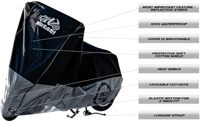 Heavy Duty Motorcycle Cover, Totally Breathable, Reflective Strips, Elastic Bottom, Luggage Strap, Lockable Grom, Durable Sewn Cutouts, Outdoor, Waterproof Cover (Black/Silver, Medium)