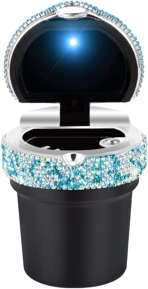 eing Car Ashtray Portable Bling Cigarette Smokeless Cylinder Cup Holder with Blue LED Light Indicator and 2 Replacement Batteries,Car Accessories for Women,Ideal for Car,Home and Office,1-Pack Blue
