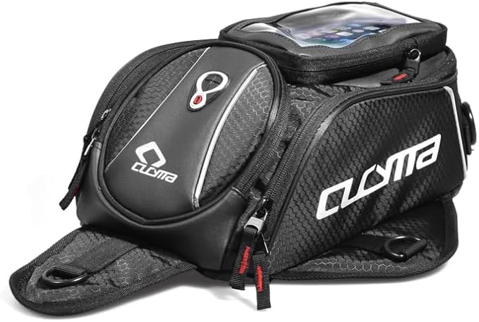Motorcycle Tank Bag, Magnetic Motorcycle Tank Bag with Detachable Clear Phone Pouch and Rain Cover, Gas Tank Bag for Street and Touring Bikes, Black