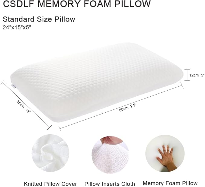 CSDLF Memory Foam Bed Pillows, Pillow for Side and Back Sleeper, Pillow for Neck Pain Relief, Washable Removable Cover, Soft, White (Standard)