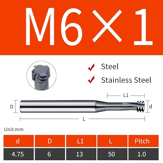 Metric Thread Mill Cutter Carbide for Stainless Steel 60 Degrees 5pcs M6×1